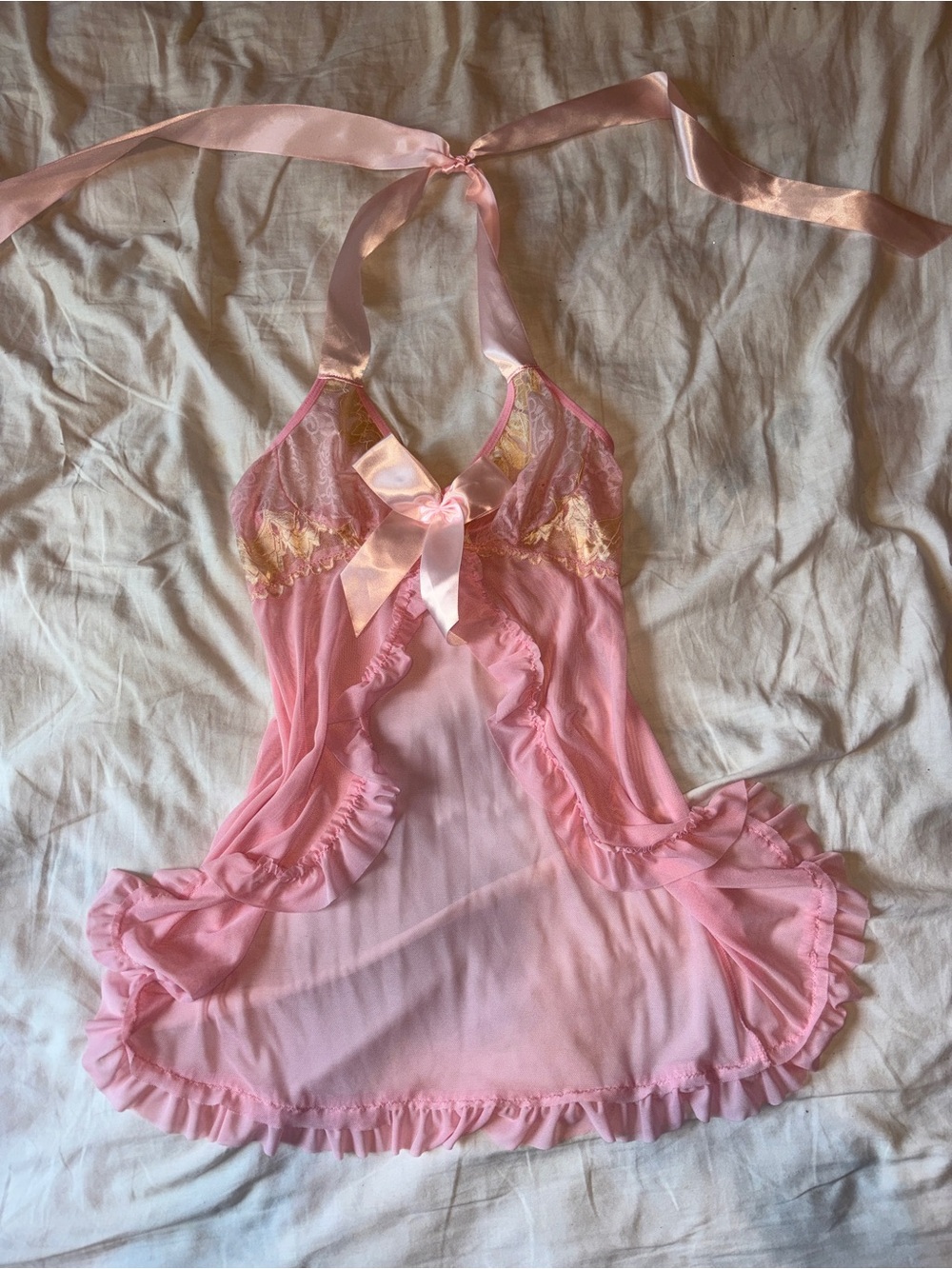 Fairy y2k Sheer Pink Lace-Trim Halter Chemise with Satin Bow babydoll